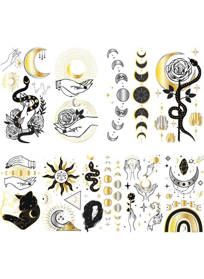 Glaryyears 9 Sheets Black Small Temporary Tattoo, Hands Face Tattoo Sticker for Men Women, Metallic Gold Silver Flower Space Moon Snake Cat Diamond Designs on Arm Neck Shoulder Clavicle Waterproof - Image 1